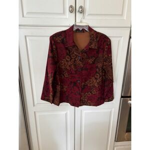 Briggs New York Floral Tapestry Print Button Front Jacket Burgundy Brown Large